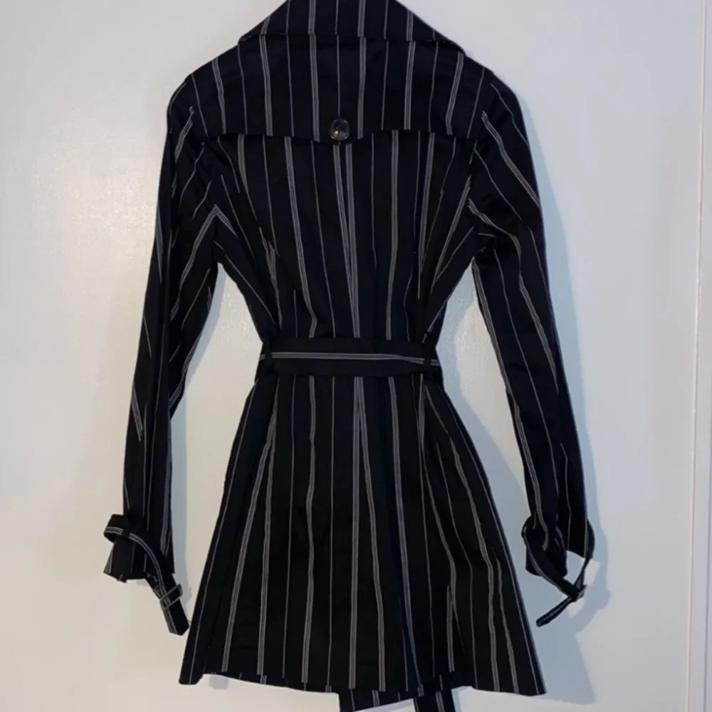 Vertigo Paris Black with White Stripes Mid Length Trench Coat Womens Size Med - Picture 2 of 8
